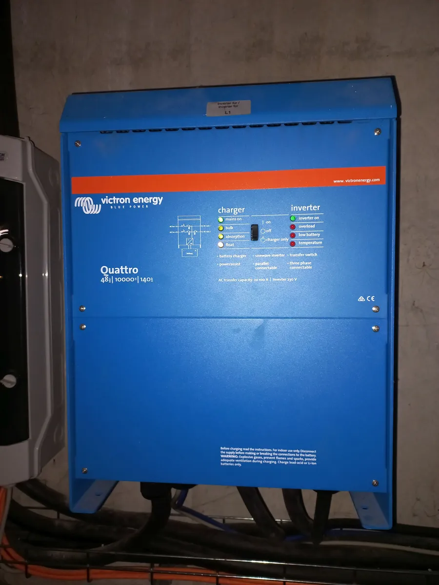 Niebieski falownik z ładowarką Victron Energy Quattro zawieszony na ścianie, z panelem diod sygnalizujących pracę ładowarki i falownika